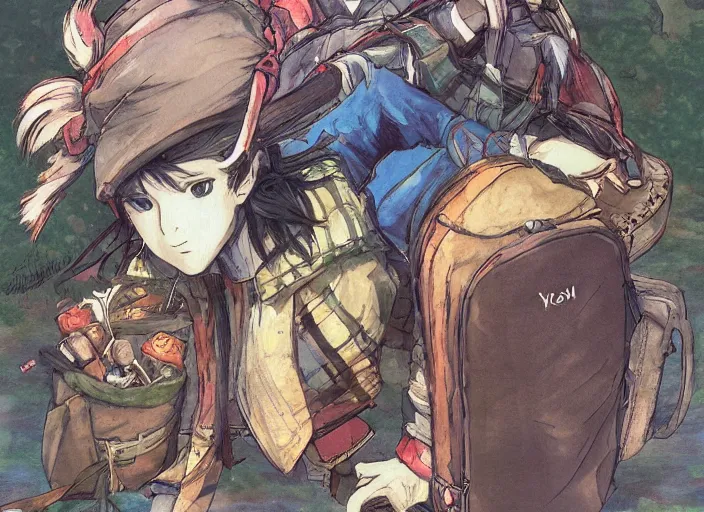 Prompt: JRPG art, a fullbody illustration of a mysterious wandering merchant sitting down wearing a large, tall backpack piled high with textiles, furs, and miscellaneous objects, in the style of yoshitaka amano