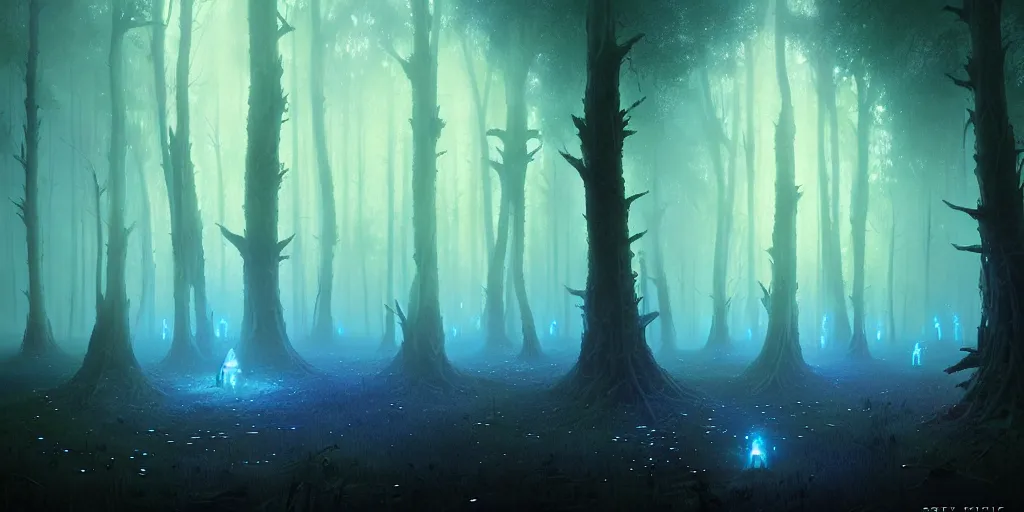 Image similar to strange alien forest, glowing fungus, misty, blue glowing horizon, millions of fireflies, ultra high definition, ultra detailed, symmetry, sci - fi, dark fantasy, by greg rutkowski and ross tran