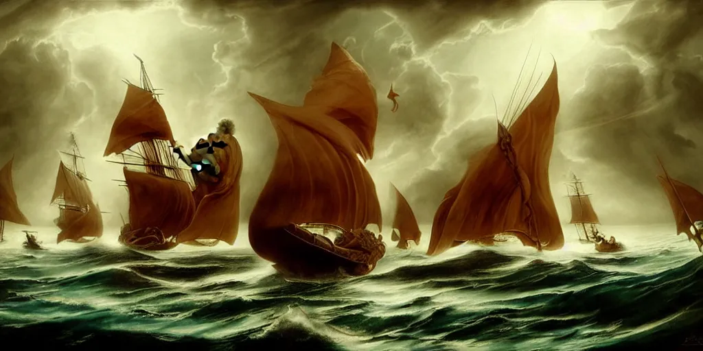 Image similar to Odysseus's ship sailing past the island of the sirens, by Rolf Armstrong and Evelyn De Morgan and Bastien Lecouffe-Deharme, dramatic lighting, high contrast colors, baroque, empyrean, panoramic view, as trending on Artstation, highly detailed, doom engine,