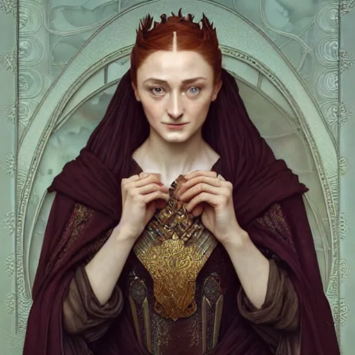 Image similar to portrait of sansa stark queen, intricate, elegant, highly detailed, digital painting, artstation, concept art, smooth, sharp focus, illustration, art by artgerm and greg rutkowski and alphonse mucha and william - adolphe bouguereau