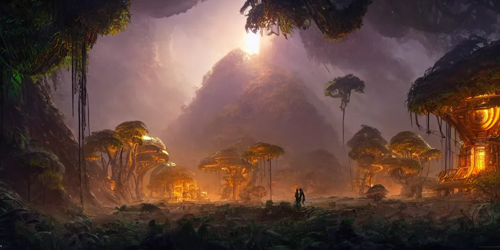 Prompt: an intricate concept art of an explorer discovered a golden city in the middle of a jungle, tribe huts in the jungle, large trees and wild plants, sci - fi art, star wars inspired, cinematic lighting, artstation, art by tony sart,