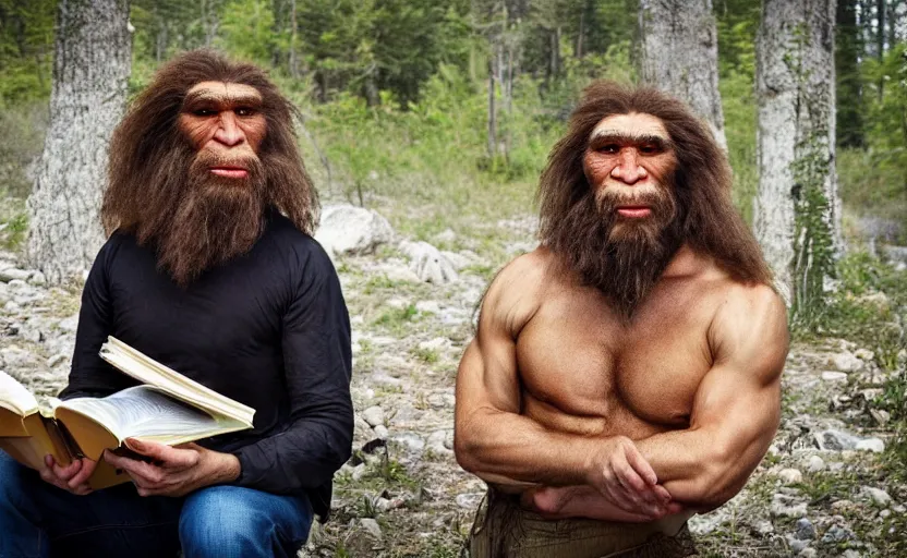 Prompt: made a portrait of neanderthal read science book about him in middle of nowhere, perfect dynamic posture, perfect dynamic pose, perfect dynamic form, pinterest, perfect dynamic position, award winning photo by national geographic, and pulittzer winner, bokeh, reduce duplication interference