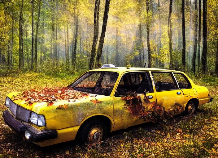 Image similar to Impressionism painting of a an abandoned 1980s taxi car in a forest with falling leaves, dramatic, sunrays