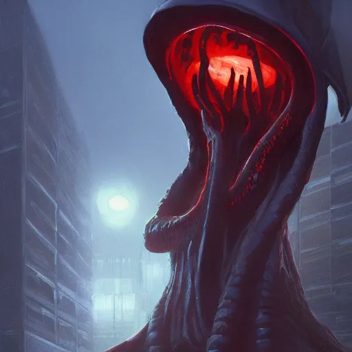 Image similar to mindflayer working in an office with few on the city, oil painting, by greg rutkowski