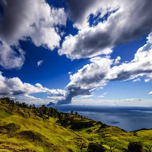 Image similar to grand Castle on top of Auckland mountain, clouds, sun