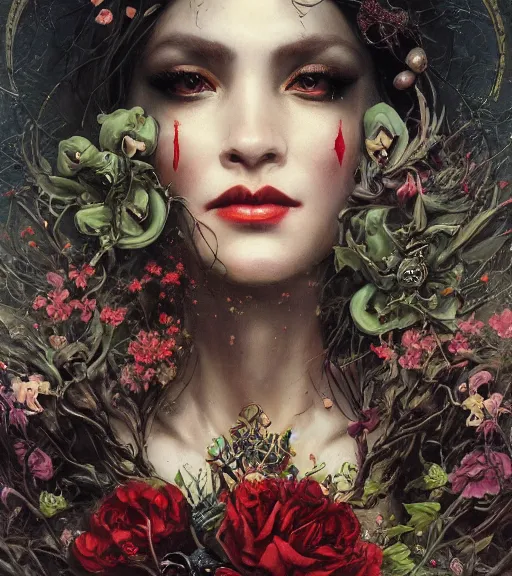 Image similar to portrait of the supreme queen of the blood cult, surrounded by skulls and overgrowth and dark flowers by karol bak, James Jean, tom bagshaw, rococo, trending on artstation, cinematic lighting, hyper realism, octane render, 8k, hyper detailed.