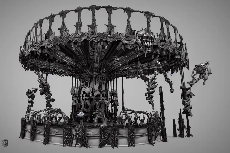 Image similar to 3d sculpt of an evil ironwork carousel made of bones and skulls, artstaton, League of Legends, overwatch, digital illustration