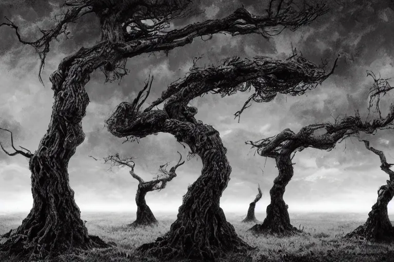 Prompt: in the black storm, gnarled trees on a darkling plain, tree roots, drawn by christan delort and jean gireaud, low camera, wide angle, centered composition, golden ratio