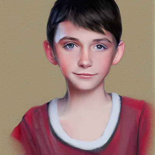 Prompt: a digital portrait of a 11 year old with black hair,hazel green eyes, drawn in the style of mark Arian