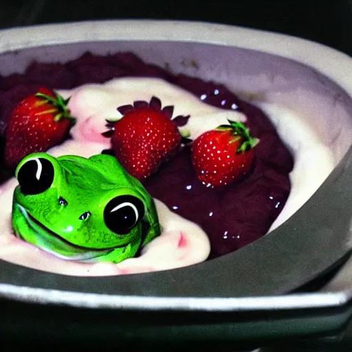 Image similar to frog drowning in strawberry yogurt, real