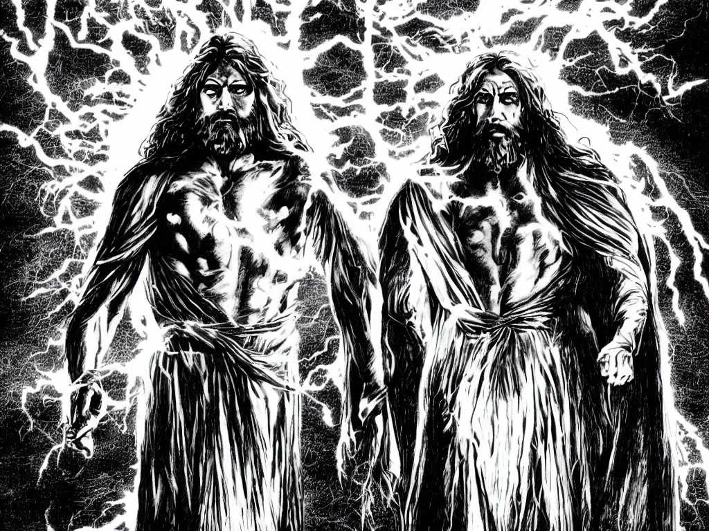 Image similar to jesus christ as a superhero with long hair and white eyes floating above the water shooting lightning out of his hands, drawn by alan moore, sin city, graphic novel, symmetrical, frontal, full body shot,