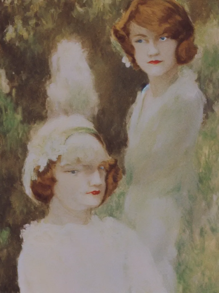 Prompt: zelda fitzgerald as a beautiful young girl, wearing 1 9 2 0 s fashion, brown hair, slim, fair, turning her head and smiling, in the sun, out of focus, backlit, close up, oil on canvas, by monet, in the style of le promenade