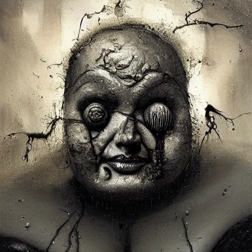 Image similar to portrait of the face of big fat old sumoringer as despair from sandman, venus of willendorf, by jeremy mann, by gregory crewdson, by bastien lecouffe deharme, by russ mills, sad face, topknot, black hair, mourning, black eyes, white room, soft lightning, high detailed, 8 k