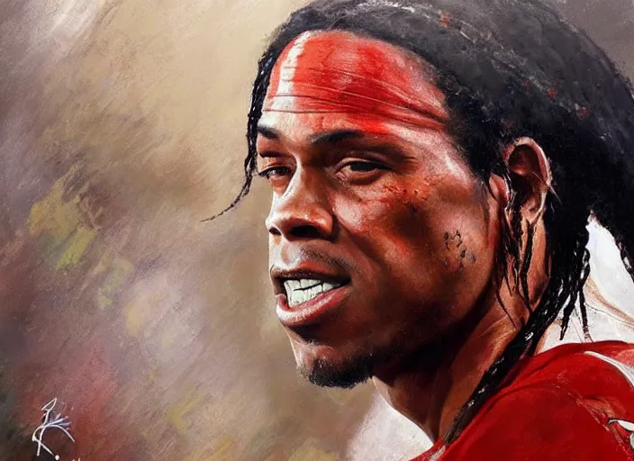 Prompt: a highly detailed beautiful portrait of ronaldinho as kratos, by gregory manchess, james gurney, james jean