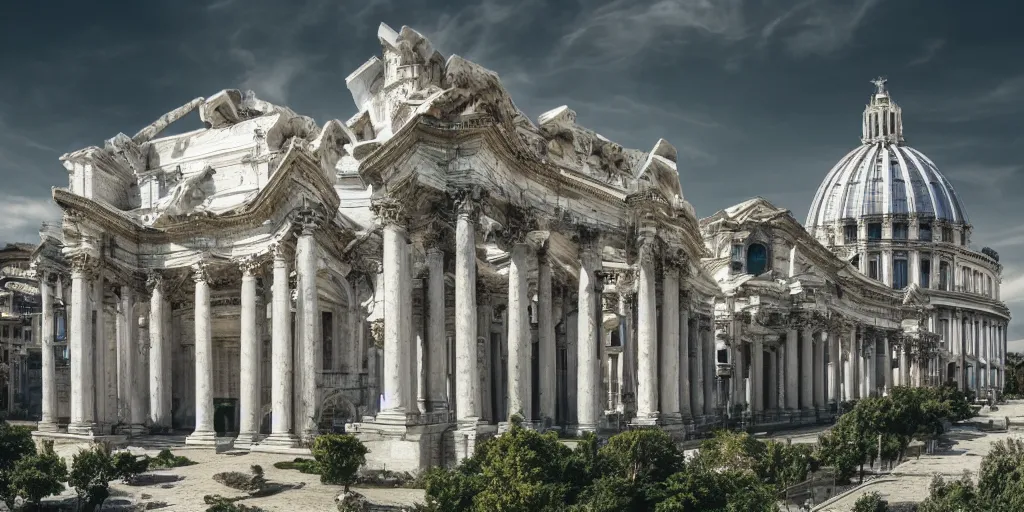 Prompt: utopian city made out of glistening, white marble, nature, fusion between historical and modern futuristic architecture, rome, vegetation, 4k, digital art