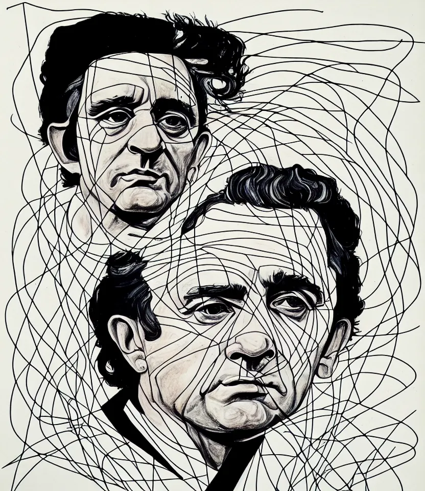 Prompt: elegant line art portrait of johnny cash, inspired by egon schiele. contour lines, graphic musicality, twirls, curls, curves, strong confident personality