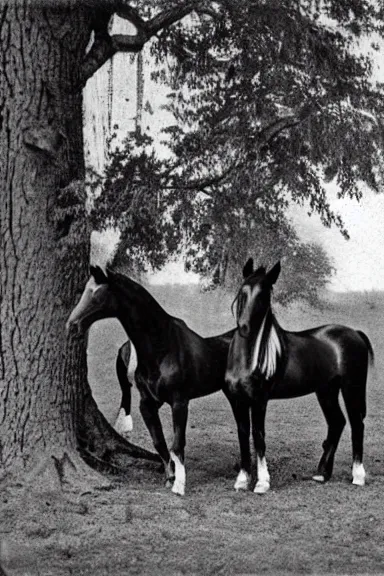 Image similar to a photo from the 1800s of 2 horses inside a tree