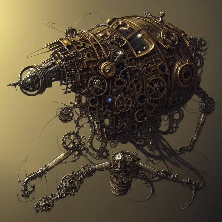 Image similar to steampunk cybernetic biomechanical fly, 3 d model, unreal engine realistic render, 8 k, micro detail, intricate, elegant, highly detailed, centered, digital painting, artstation, smooth, sharp focus, illustration, artgerm, tomasz alen kopera, wlop