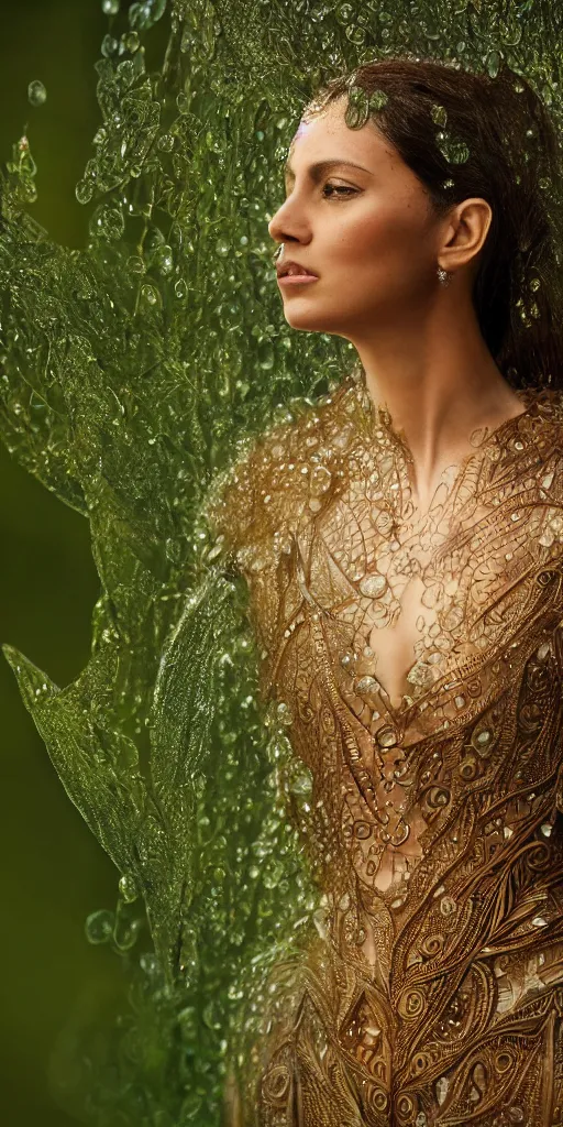 Image similar to full shot of a regal brown woman wearing an intricate and detailed armor made of dew drops. woman is standing in a lush green forest. multiple layers. reflections. morning dew. textures. delicate. translucent. extremely coherent. studio portrait. photorealistic. octane render