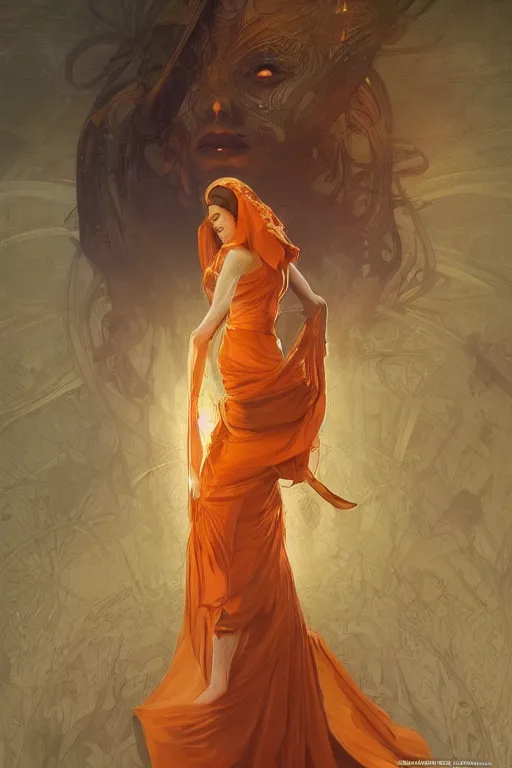 Image similar to portrait of tinfoil hat man in orange t - shirt behind his wife, feelings, romantic, fantasy, intricate, elegant, highly detailed, digital painting, artstation, concept art, smooth, sharp focus, illustration, art by artgerm and greg rutkowski and alphonse mucha