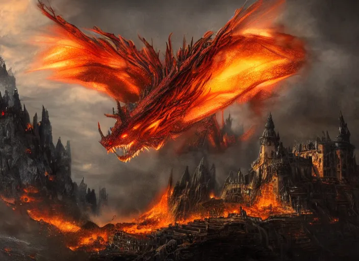 Prompt: giant fire dragon attacking a castle, highly detailed, 4 k, hdr, award - winning, directed by zack snyder, trending on art station, matte