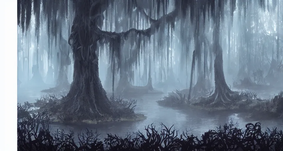 Image similar to A dense and dark enchanted forest with a swamp, by Disney Concept Artists
