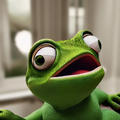 Image similar to Realistic pepe the frog alone and sad in his bedroom, cinematic perspective, studio shot, full hd