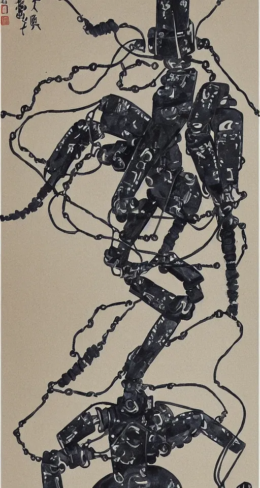 Image similar to a robot hanging by chains upside down peacefully, beautiful Japanese ink painting inspired by the hanged man tarot card, sharp lines