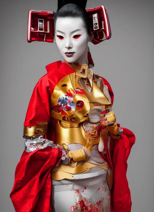 Image similar to portrait of a stylish futuristic geisha cyborg, with a red kimono with japanese golden signs written on it, kintsugi, modern fine art, fractal, intricate, elegant, highly detailed, digital photography, subsurface scattering, in the style of ghost, by yue minjun and greg rutkowski,