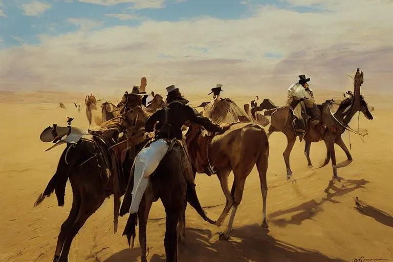 Image similar to portrait of a respectable dignified royal business elite politicians in top hats and coat tails riding on emus in the sahara desert throwing vanilla icecream cones at each other, art by anders zorn, wonderful masterpiece by greg rutkowski, beautiful cinematic light, american romanticism by greg manchess, jessica rossier