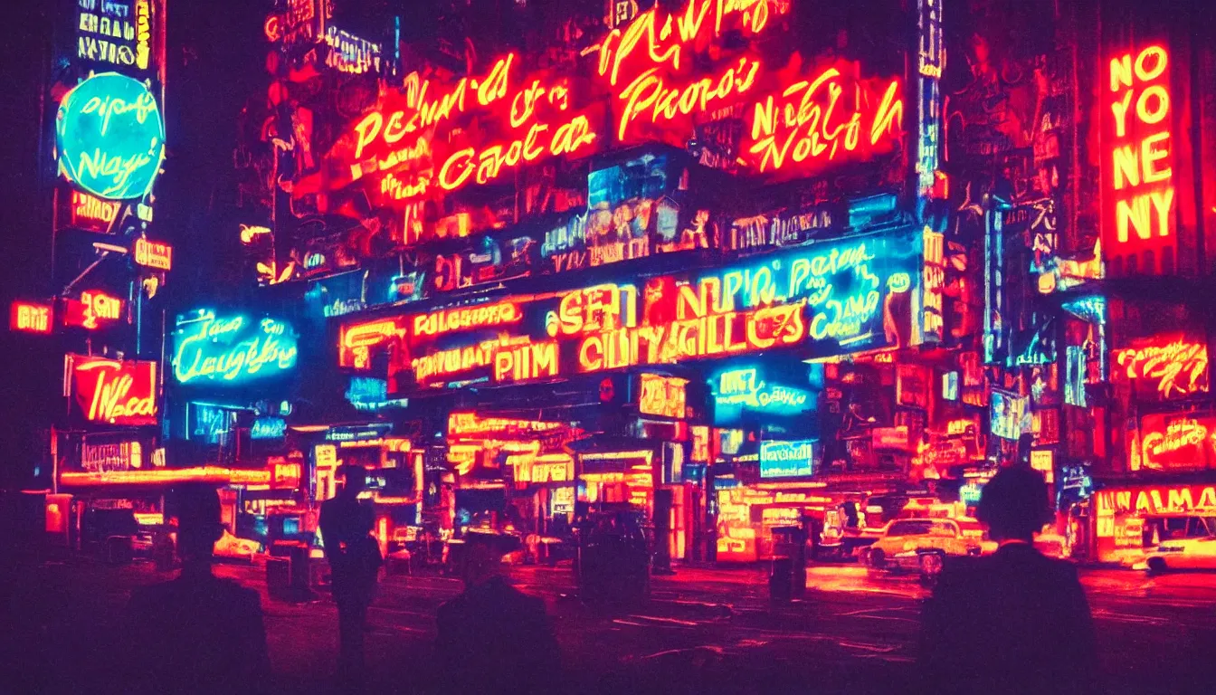 Image similar to 8 0 s polaroid photo, cinema still, tall man in suit smoking and watching new york panorama at night, neon signs, colorful haze, americana, high production value, 8 k resolution, hyperrealistic, photorealistic, high definition, high details, tehnicolor, award - winning photography, masterpiece, amazing colors