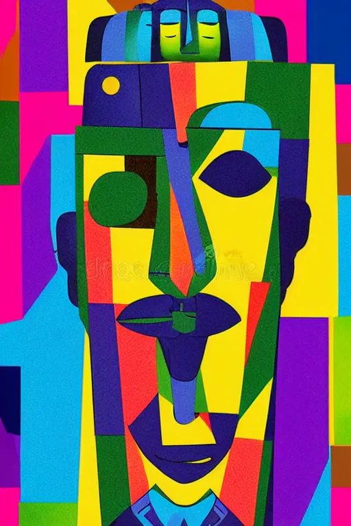 Image similar to cubist moai statue cutout digital illustration cartoon colorful beeple