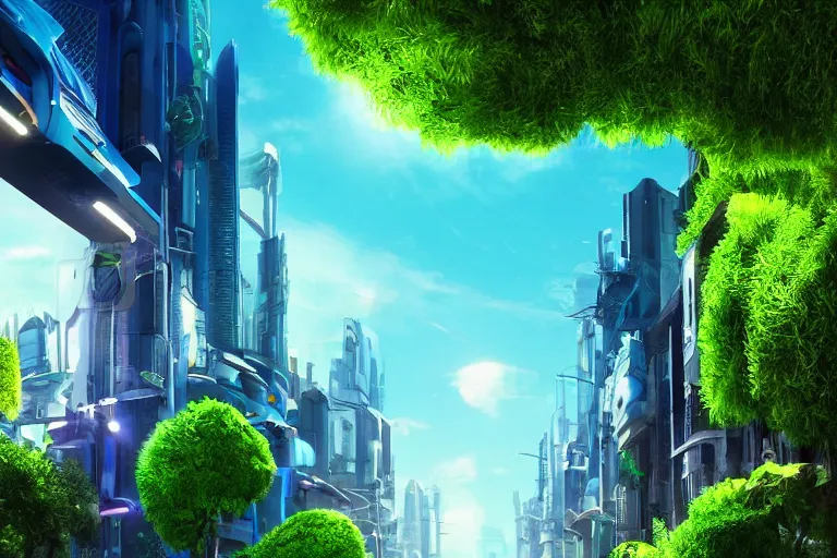 Image similar to a cinematic wideangle photograph of a utopian futuristic city street, green plants, blue sky, beautiful lighting, ultra realistic, movie still, futuristic utopia, ultra realistic