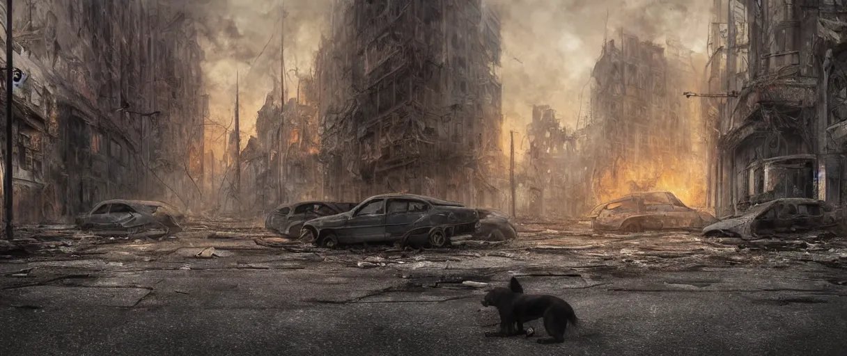 Image similar to A beautiful hyper realistic ultra detailed matte painting of a close-up front view of scruffy black hound standing in the middle of a city street at night in an abandoned post-apocalyptic city, abandoned cars on fire, crumbling buildings, unreal engine, deviant art, flickr, artstation, octane render, textured, colorful, extreme realistic detail, physically based rendering, pbr render, very detailed, volumetric lighting, octane render, 4k, cinematic, 8k resolution,