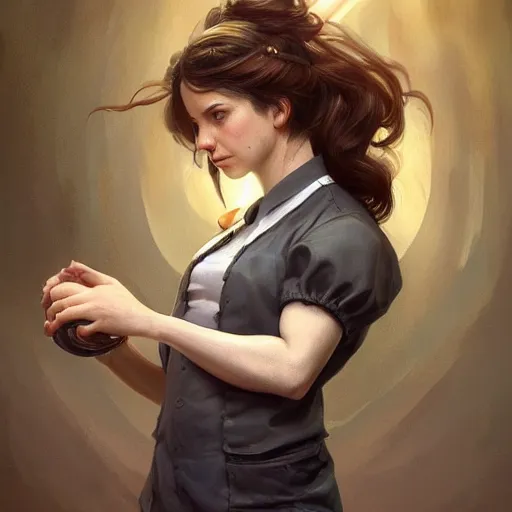 Image similar to epic portrait an muscular waitress wearing short sleeved uniform and carrying food, digital painting, artstation, concept art, soft light, hdri, smooth, sharp focus, illustration, fantasy, intricate, elegant, highly detailed, D&D, matte painting, in the style of Greg Rutkowski and Alphonse Mucha and artemisia, 8k, highly detailed, jurgens, rutkowski, bouguereau, pastoral, rustic, georgic, detailed concept art, illustration, colorful pastel, painting, detail, ultra detailed, digital art, 4K,