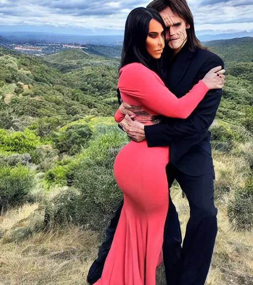 Prompt: jim carrey hugging kim kardashian as he holds her waist, on a scenic hill