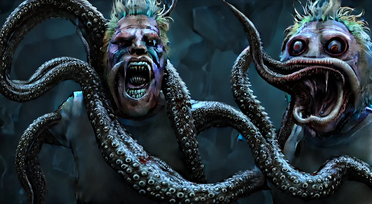 Image similar to gary busey as a monster with tentacles, horror video game, sci fi horror, alien ( 1 9 7 9 ), body horror, unreal engine, octane render, depth of field, cycles render, hd