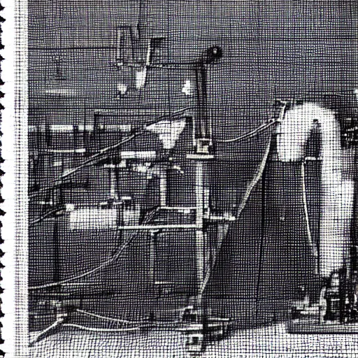 Image similar to grainy 1800s photo of a mechanical industrial era artificial intelligence made out of a jacquard loom