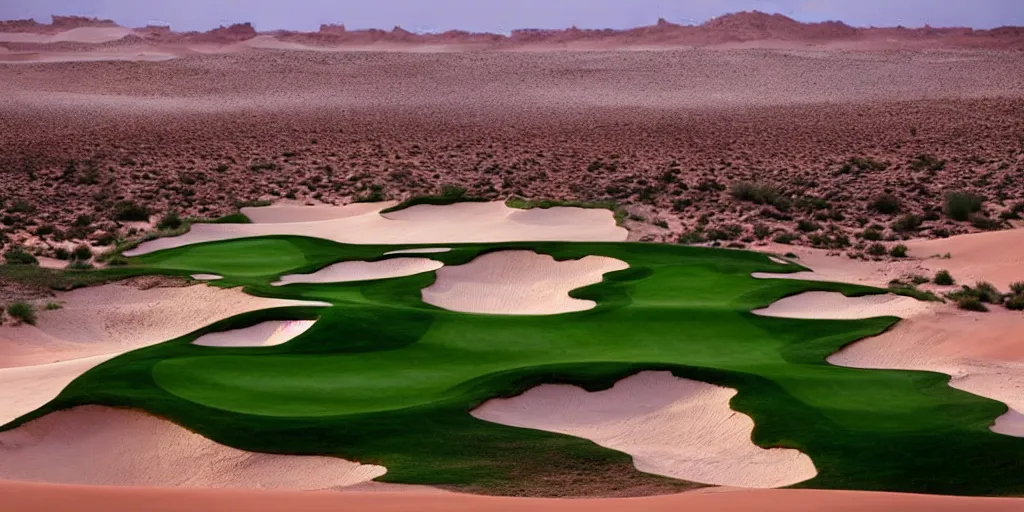 Image similar to a great photograph of the most amazing golf hole in the world, fairway in the sahara desert, ambient light, golf digest, top 1 0 0,
