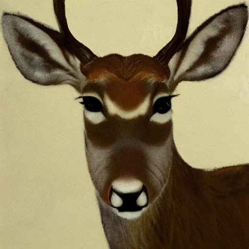 Prompt: deer with a cigarette in its mouth and thick smoke coming out of the cigarette, very detailed, thick paint, expressive, brown and green palette, rule of thirds, dripping paint, thick strokes