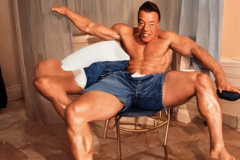 Image similar to hyperrealistic Jean Claude Vandamme doing the splits, spread eagle between two chairs over a toilet, golden hour, smiling, award winning
