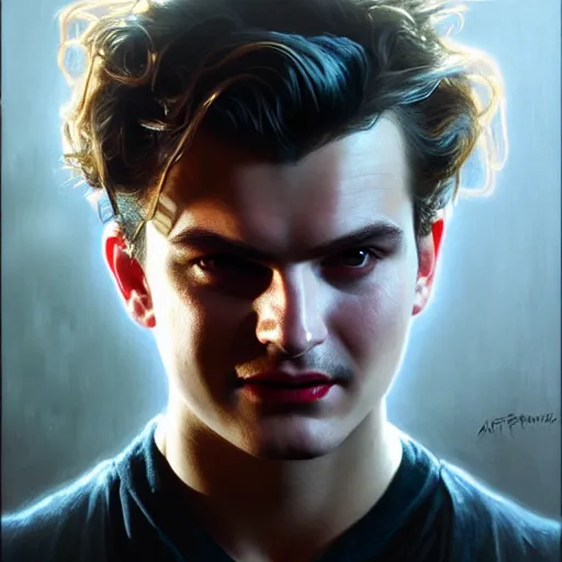 Image similar to portrait painting of actor joe keery as a vampire, ultra realistic, concept art, intricate details, eerie, highly detailed, photorealistic, octane render, 8 k, unreal engine. art by artgerm and greg rutkowski and charlie bowater and magali villeneuve and alphonse mucha