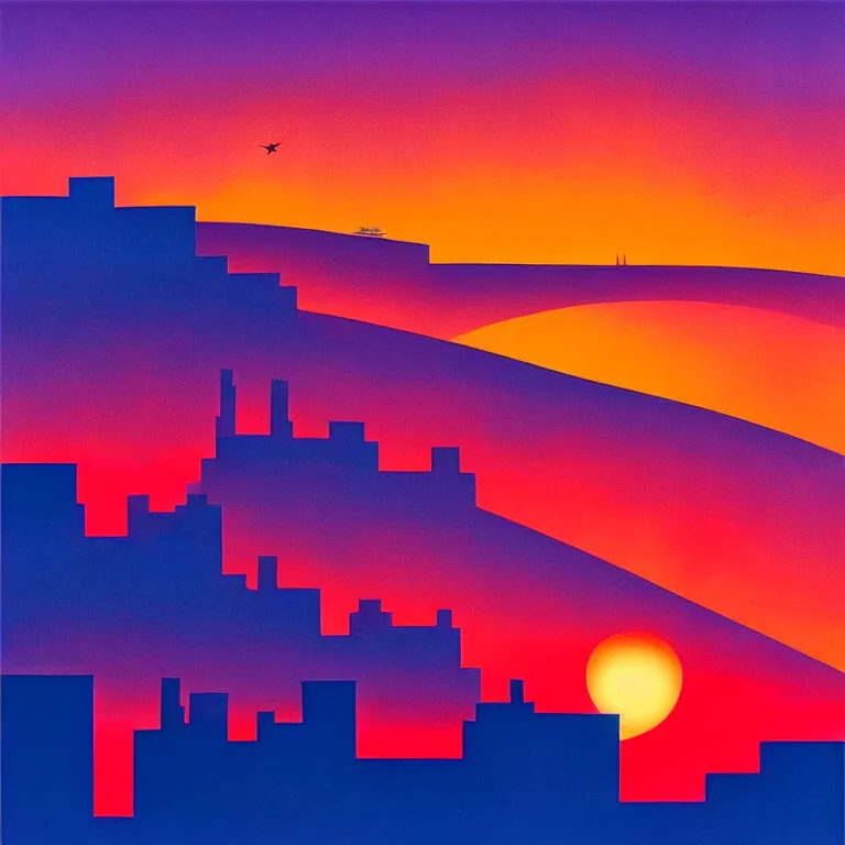 Prompt: birdseye view of a sunrise over a city, art by eyvind earle