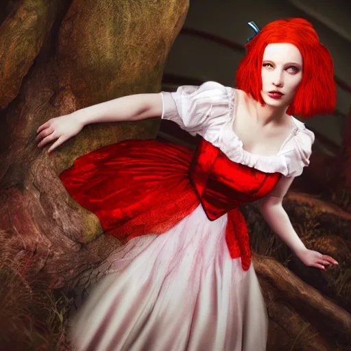 Prompt: red head queen, alice in wonderland theme, disney photo realistic, full body, octane render, 8 k, unreal engine, hd, cinematic lighting