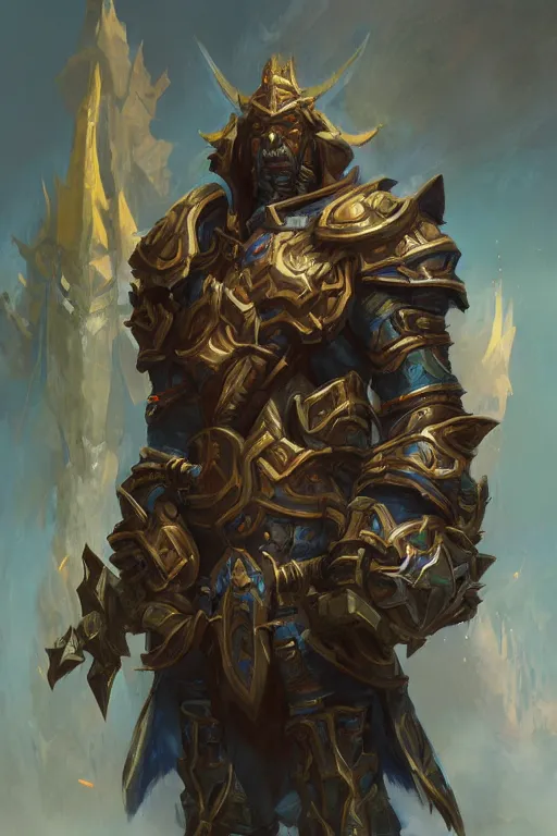Image similar to world of warcraft concept art of alliance footman, ArtStation, by Ruan Jia