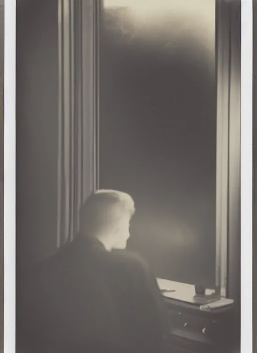 Image similar to a man looking out a window in the afternoon, flash polaroid photo by george hurrell, hazy light rays