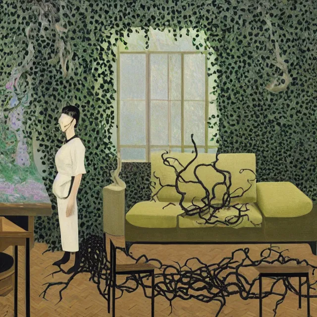 Image similar to a pathology student in her apartment, wrapped in vines, large stones, octopus, black walls, ikebana, black armchair, puddles, moss, acrylic on canvas, surrealist, by magritte and monet