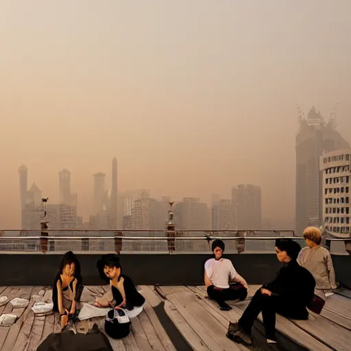 Image similar to a small rooftop with a couple of people sitting and watching the view, wearing black modern clothes, messy hair, modern shanghai bund in smog is on the background, sunset, by gregory crewdson