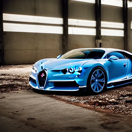 Image similar to an abandoned, derelict, rusty bugatti chiron in a dirty warehouse