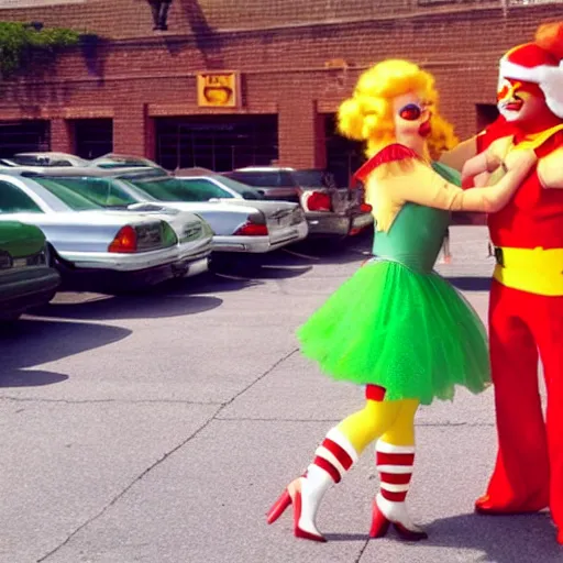 Image similar to ronald mcdonald fighting tinkerbell in a parking lot